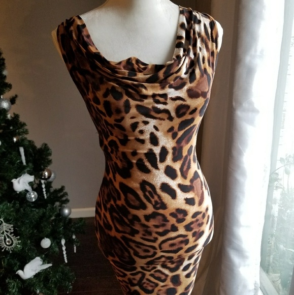 Cristina Dresses & Skirts - Animal print draped neck body hugging dress